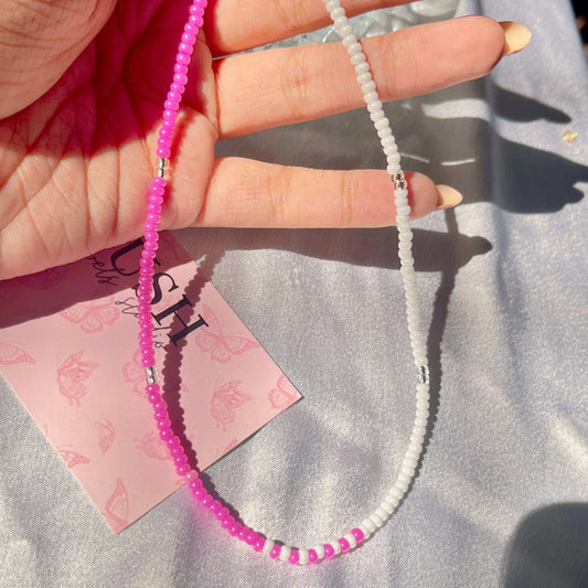 Pink White Beaded Necklace