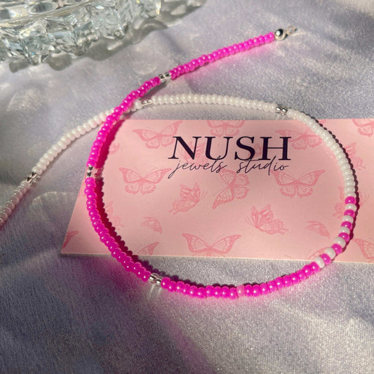 Pink White Beaded Necklace